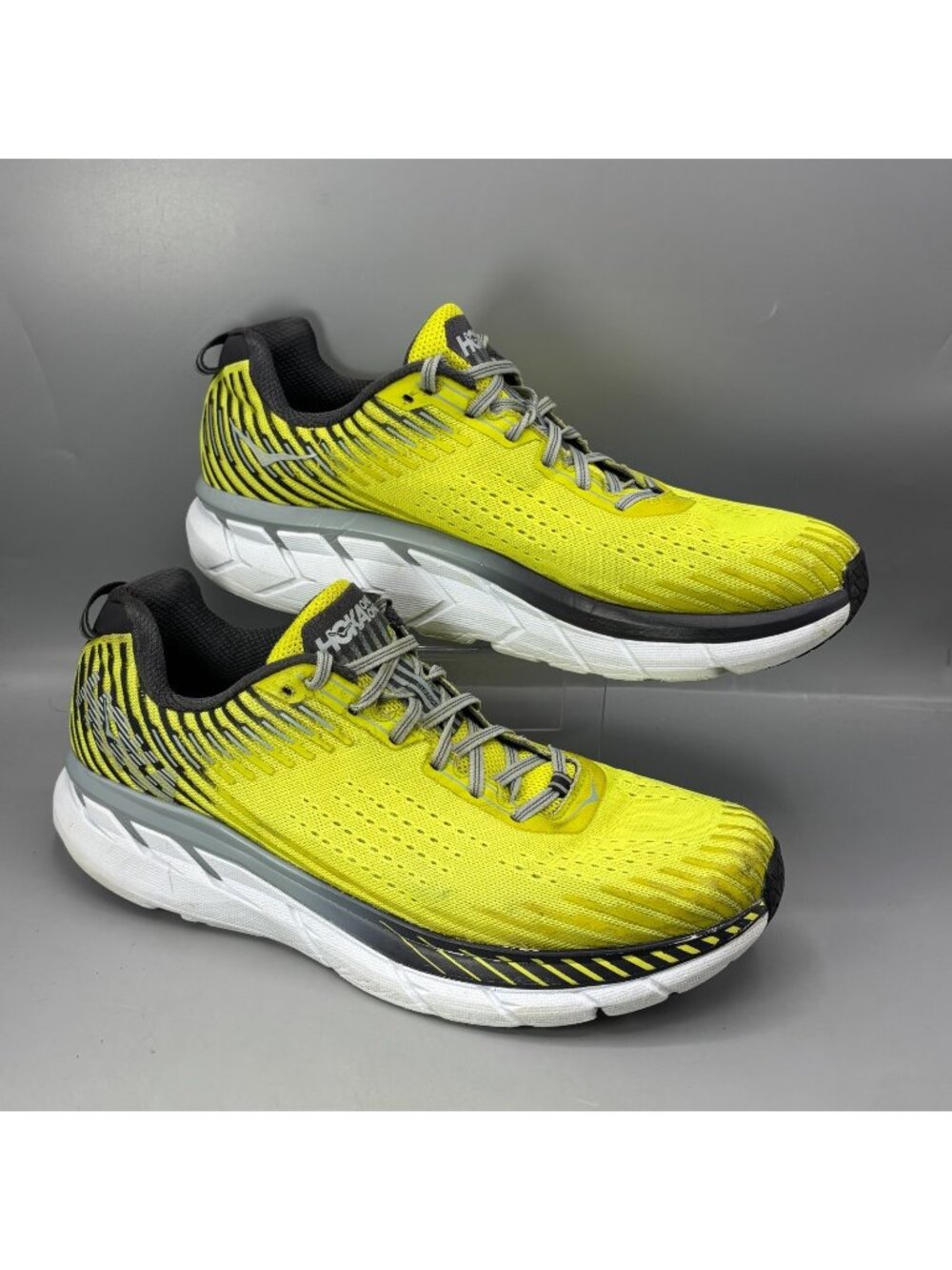 Hoka Clifton 5 Road Running Shoes Mens 14 Yellow Gray Lace Up Athletic 1093755